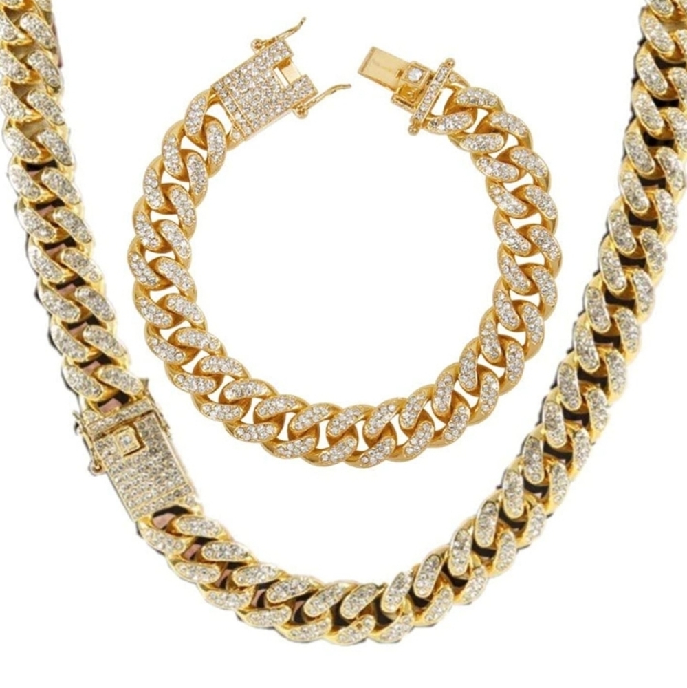 Cuban Chains 18K gold Plated Iced-Out Necklace set